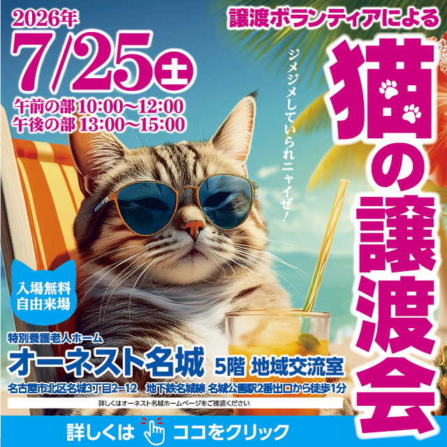 令和8年7月25日(土)猫の譲渡会を開催します